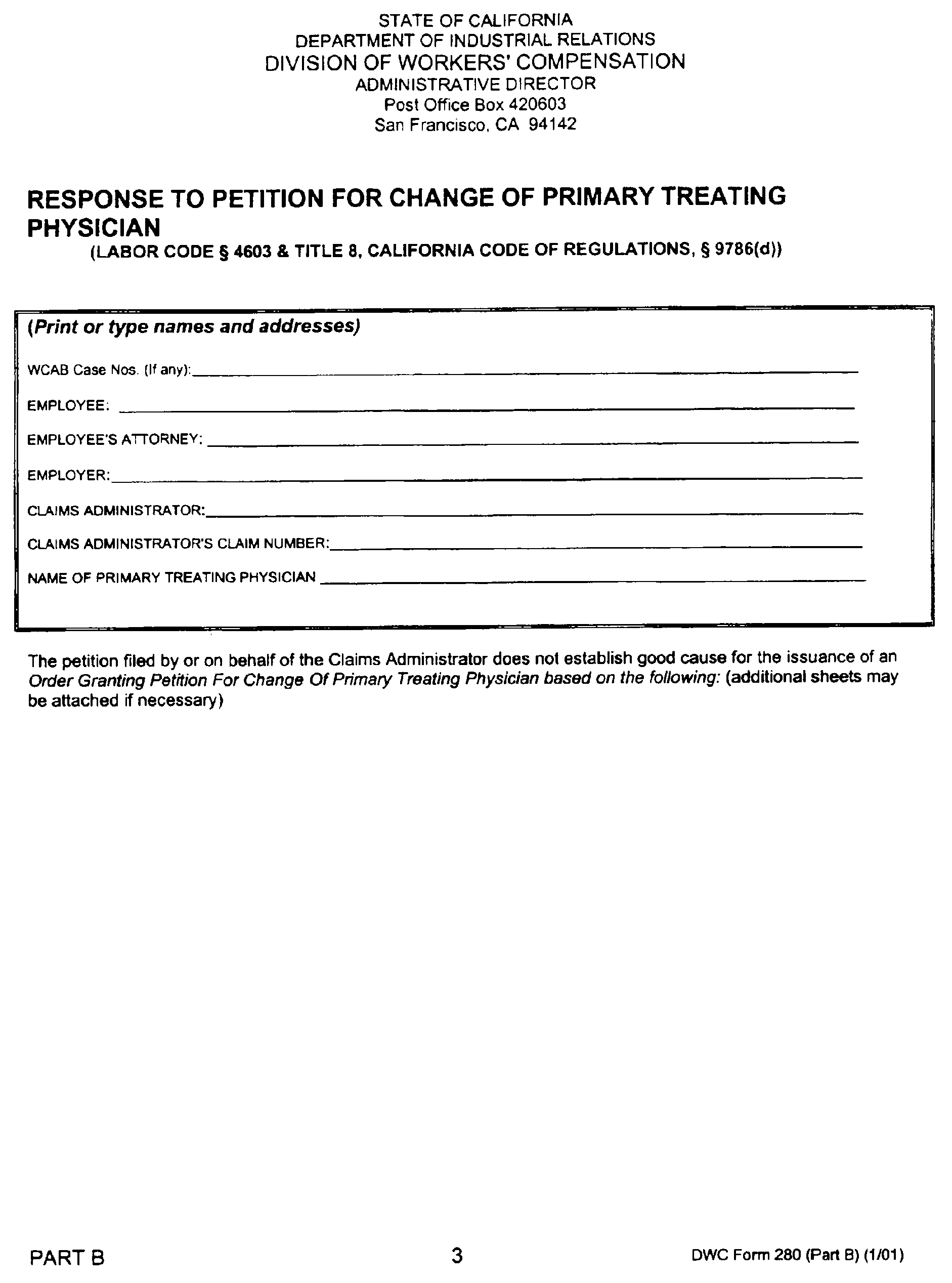 Image 3 within § 9786.1. Petition for Change of Primary Treating Physician; Response to Petition for Change of Primary Treating Physician (DWC Form 280 (Parts A and B)).